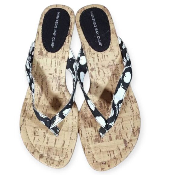 MONTEGO BAY CLUB BLACK & WHITE WEDGE FLIP FLOPS SZ.7.5 EUC. - Picture 4 of 9